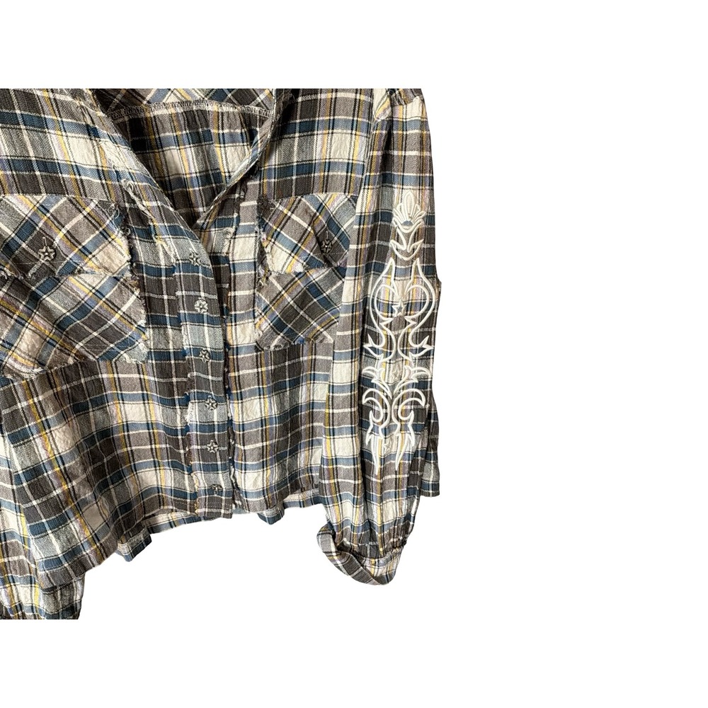 POL Womens Large Plaid Embroidered Sleeve Star Button Cropped Shirt FWT388 - Picture 5 of 7